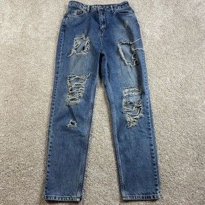 Nasty Gal Womens High Rise Destroyed Mom Jeans US 4 Medium Wash Distressed